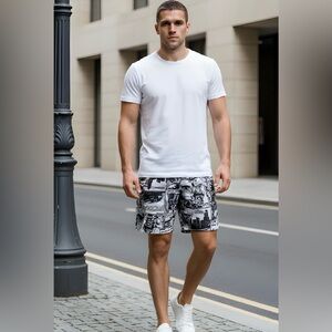 NWT Oh Snap! SZ L gray/black/white “super hero”print shorts/waist 35”-40”